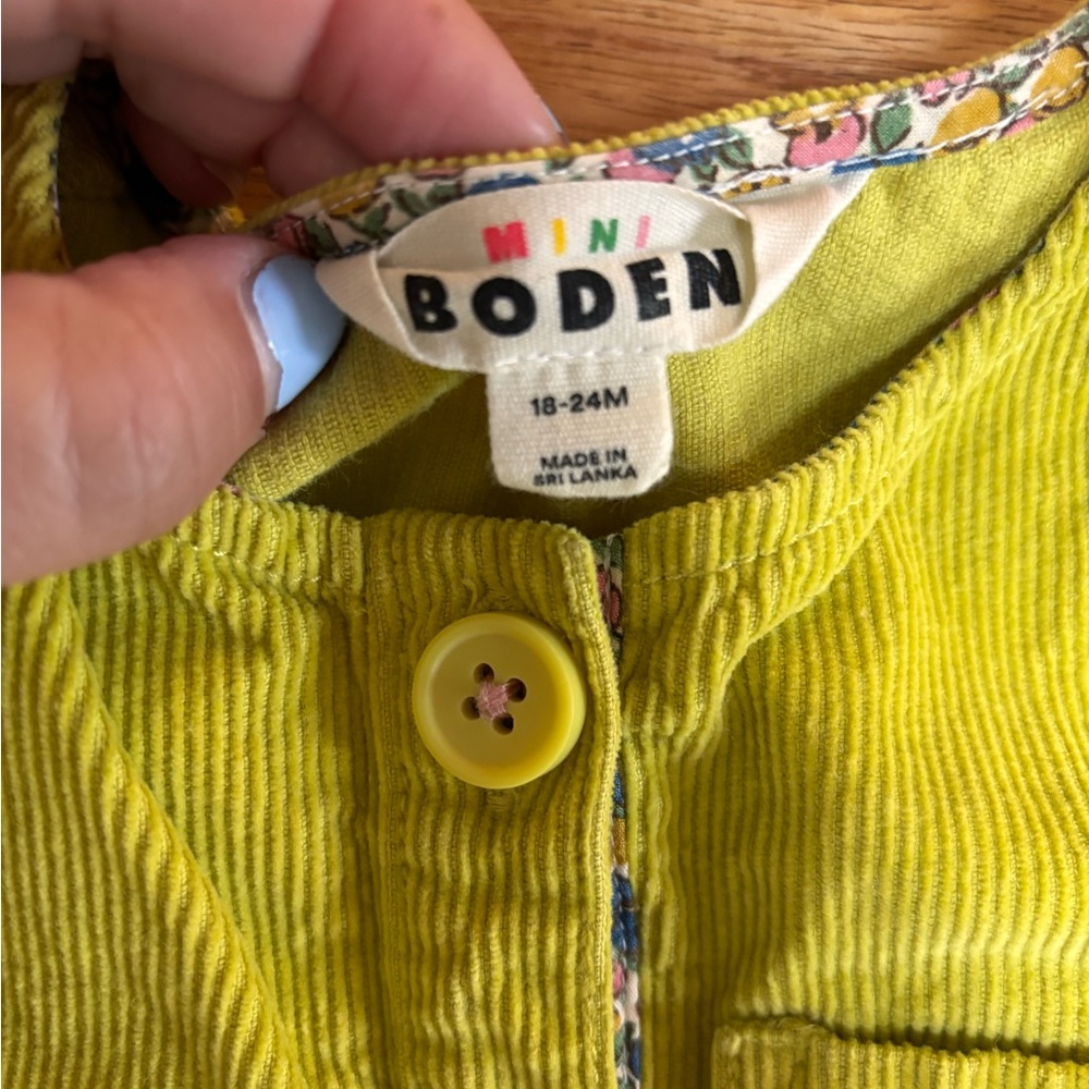 Mini Boden Lime Corduroy Dress with Floral Trim 18-24